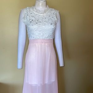 Azbro Pink & White Sheer Sleeveless Lace Bodice Sheer Chiffon Gown
